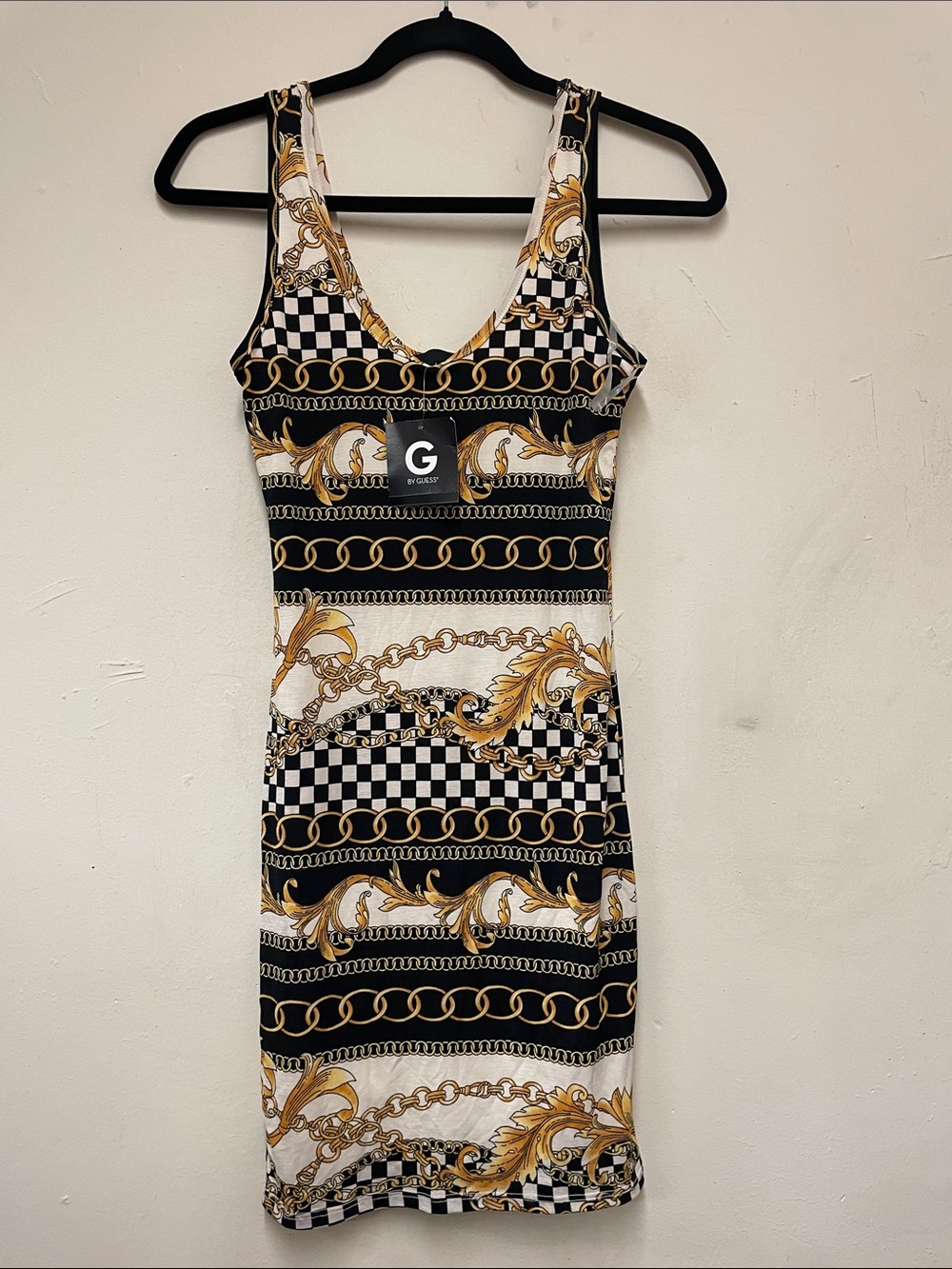 G by Guess Black, White & Gold Baroque Chain Print Mini Dress Size S